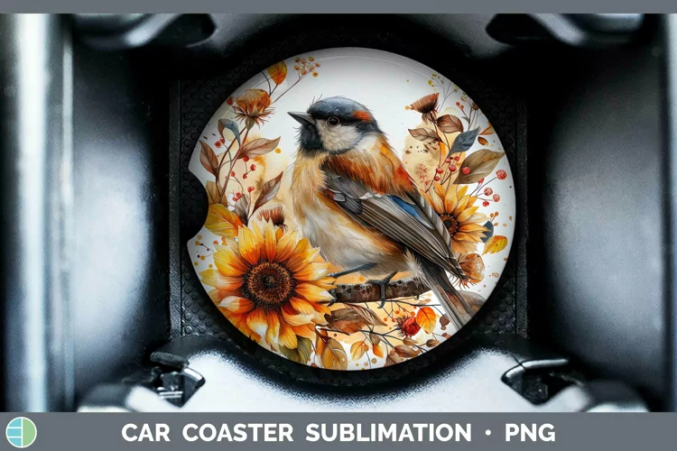 Autumn Sunflowers Chickadee Car Coaster Sublimation Coaster