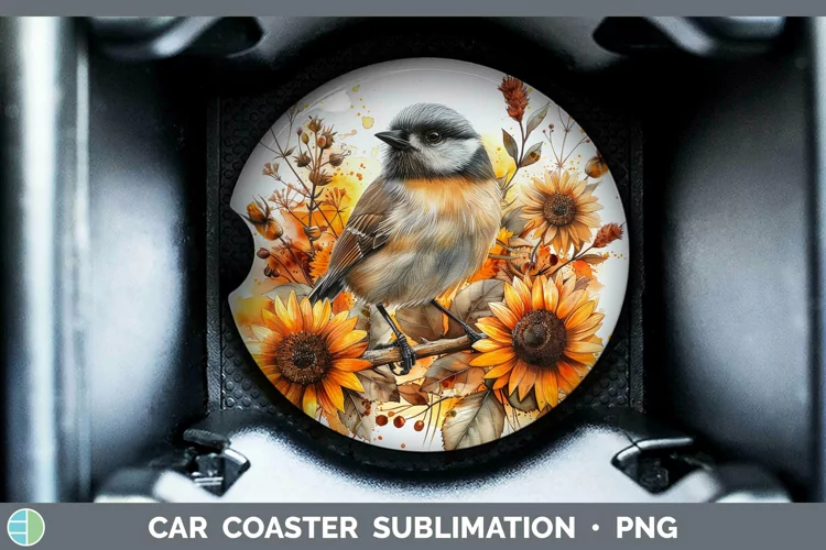 Autumn Sunflowers Chickadee Car Coaster Sublimation Coaster