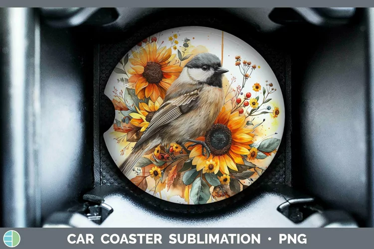 Autumn Sunflowers Chickadee Car Coaster Sublimation Coaster