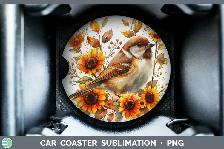 Autumn Sunflowers Chickadee Car Coaster Sublimation Coaster