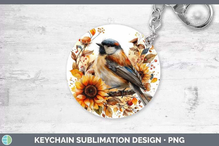 Autumn Sunflowers Chickadee Keychain Sublimation Keyring Des