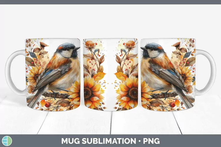 Autumn Sunflowers Chickadee Mug Wrap Sublimation Coffee Cup