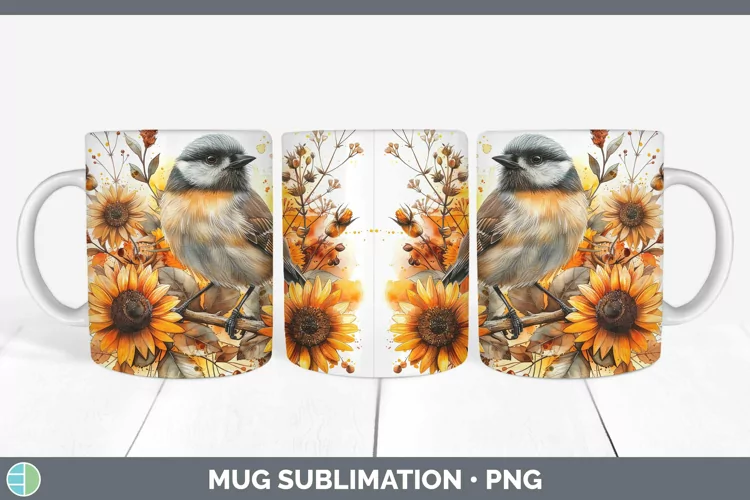 Autumn Sunflowers Chickadee Mug Wrap Sublimation Coffee Cup