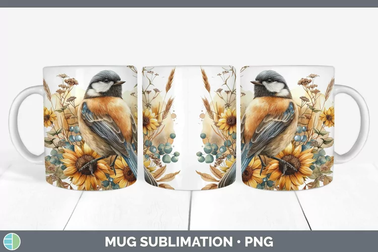 Autumn Sunflowers Chickadee Mug Wrap Sublimation Coffee Cup