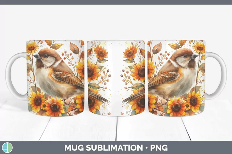 Autumn Sunflowers Chickadee Mug Wrap Sublimation Coffee Cup