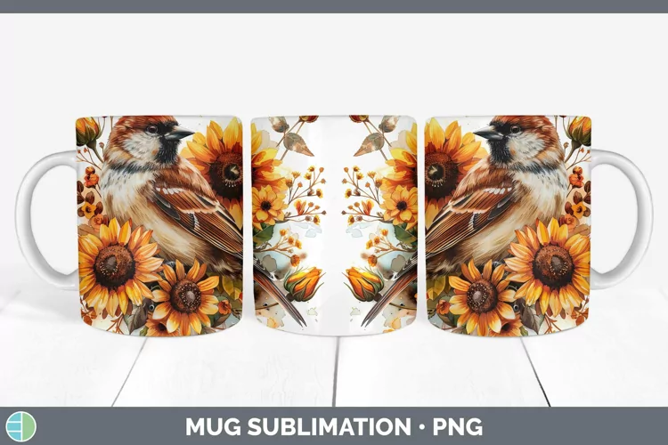 Autumn Sunflowers Chickadee Mug Wrap Sublimation Coffee Cup