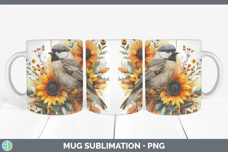 Autumn Sunflowers Chickadee Mug Wrap Sublimation Coffee Cup