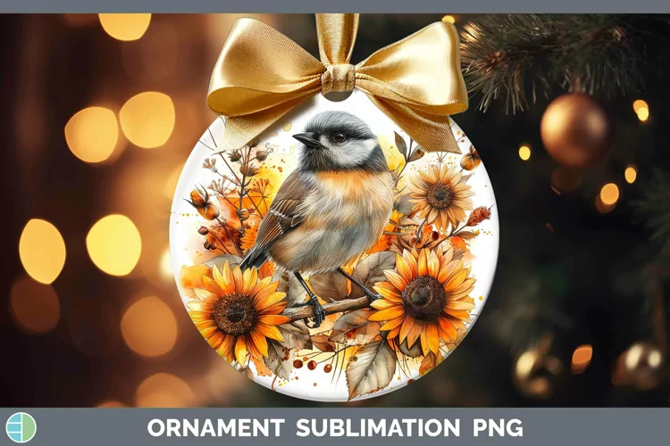 Autumn Sunflowers Chickadee Ornament Sublimation Bauble Desi