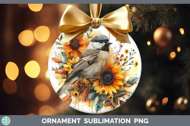 Autumn Sunflowers Chickadee Ornament Sublimation Bauble Desi