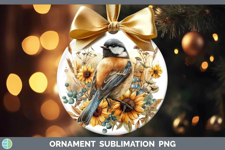 Autumn Sunflowers Chickadee Ornament Sublimation Bauble Desi