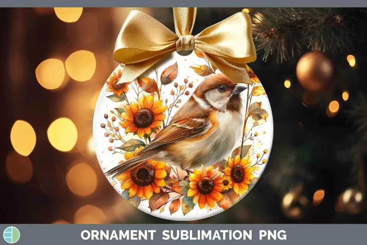 Autumn Sunflowers Chickadee Ornament Sublimation Bauble Desi