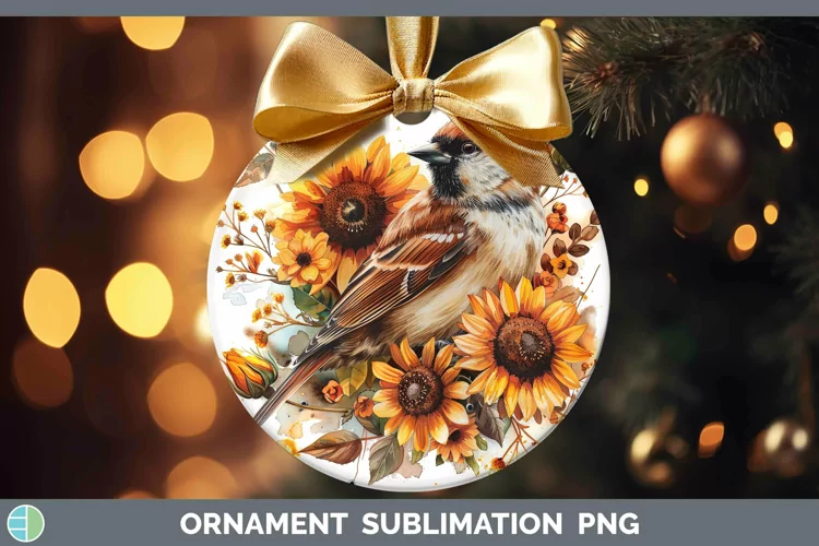 Autumn Sunflowers Chickadee Ornament Sublimation Bauble Desi