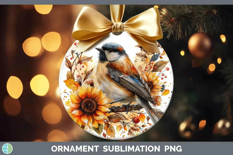 Autumn Sunflowers Chickadee Ornament Sublimation Bauble Desi