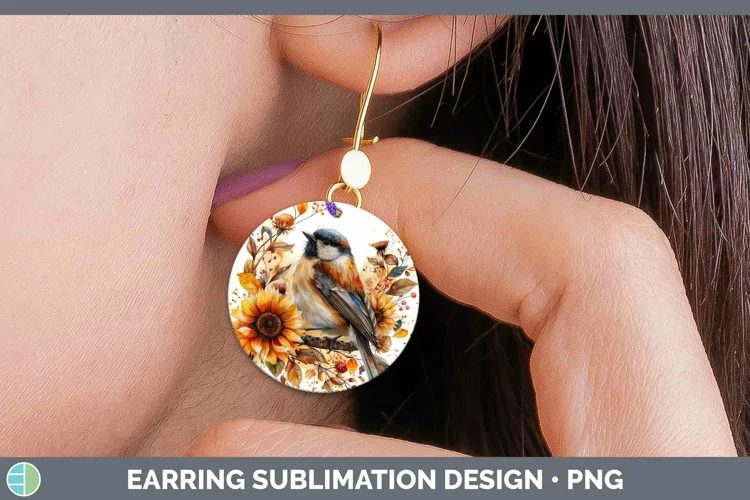 Autumn Sunflowers Chickadee Round Earrings Sublimation Earri