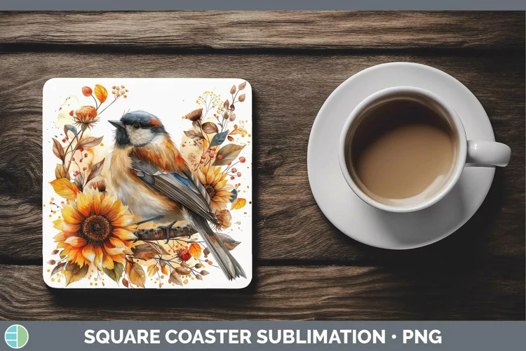 Autumn Sunflowers Chickadee Square Coaster Sublimation Coast