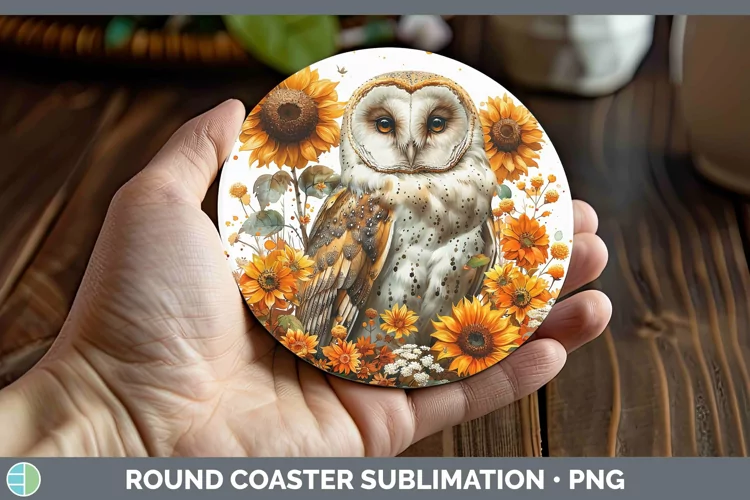 Autumn Sunflowers Owl Round Coaster Sublimation Coaster Desi