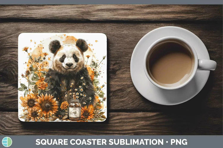 Autumn Sunflowers Panda Square Coaster Sublimation Coaster D