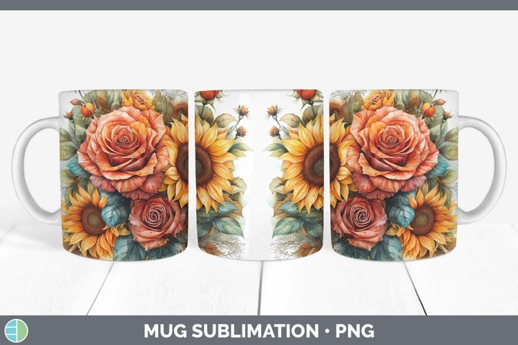 Autumn Sunflowers Rose Mug Wrap Sublimation Coffee Cup Desig