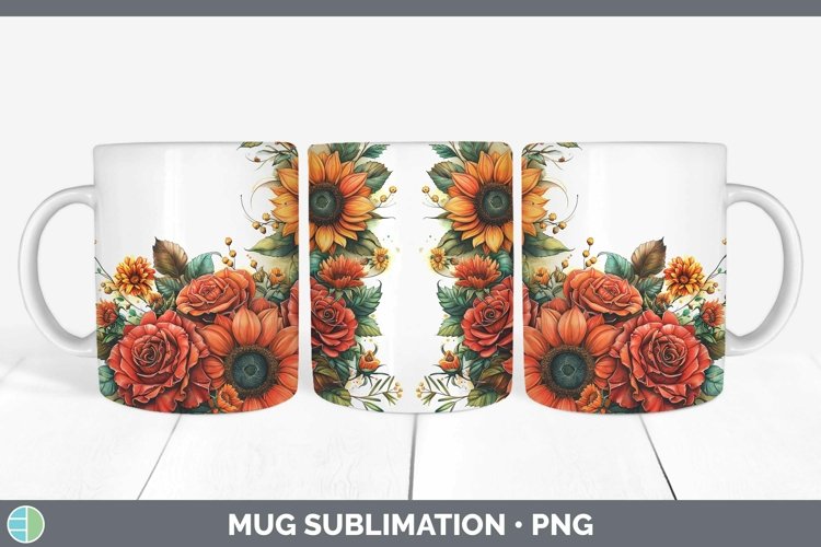 Autumn Sunflowers Rose Mug Wrap Sublimation Coffee Cup Desig