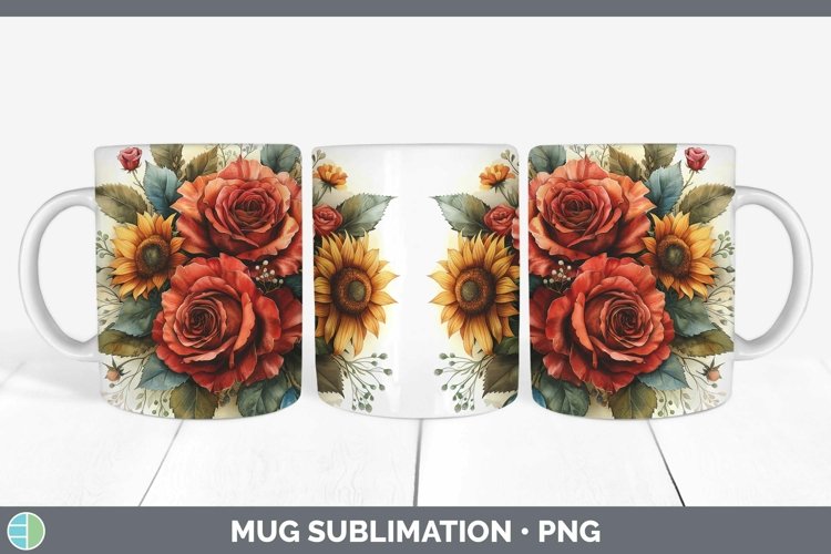 Autumn Sunflowers Rose Mug Wrap Sublimation Coffee Cup Desig