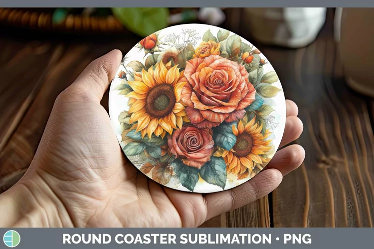 Autumn Sunflowers Rose Round Coaster Sublimation Coaster Des