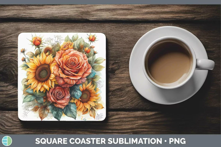 Autumn Sunflowers Rose Square Coaster Sublimation Coaster De
