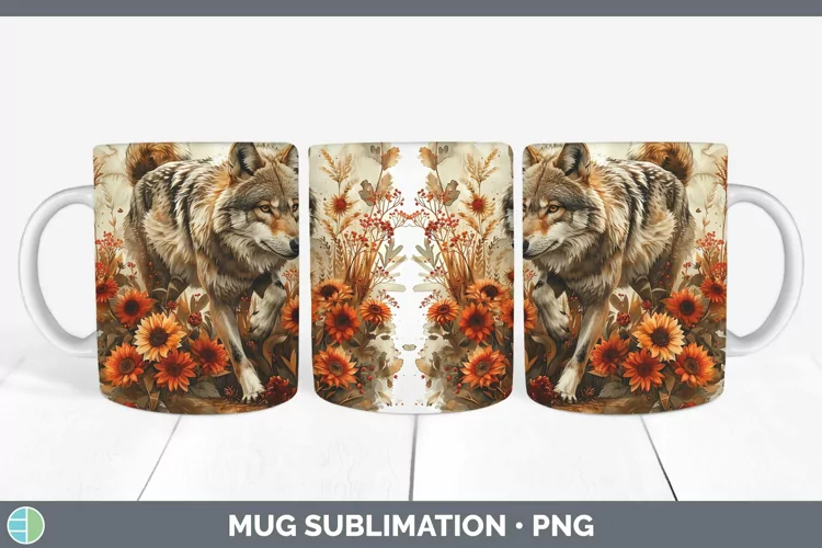 Autumn Sunflowers Wolf Mug Wrap Sublimation Coffee Cup Desig
