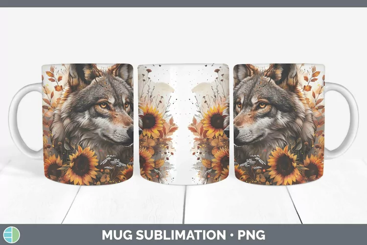 Autumn Sunflowers Wolf Mug Wrap Sublimation Coffee Cup Desig