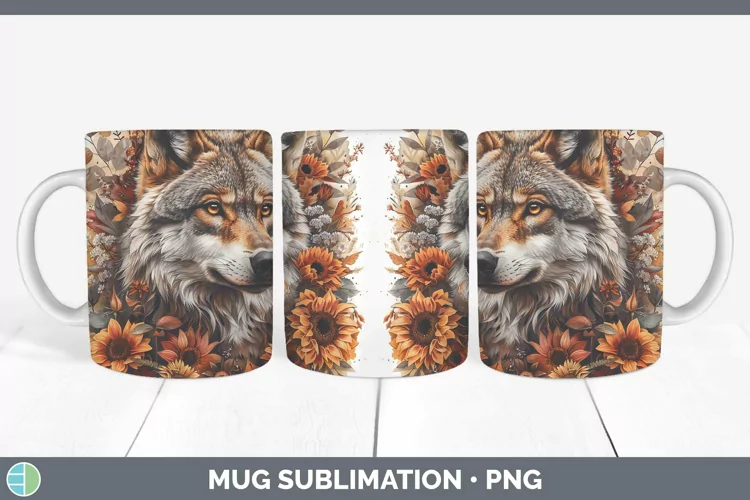 Autumn Sunflowers Wolf Mug Wrap Sublimation Coffee Cup Desig