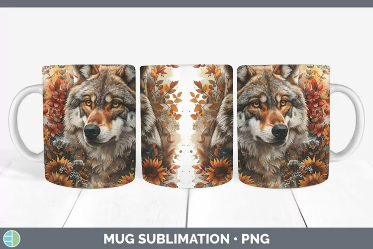 Autumn Sunflowers Wolf Mug Wrap Sublimation Coffee Cup Desig