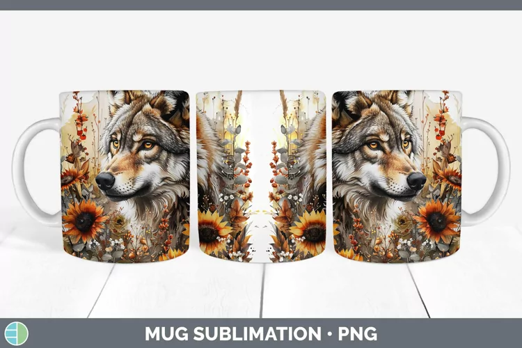 Autumn Sunflowers Wolf Mug Wrap Sublimation Coffee Cup Desig