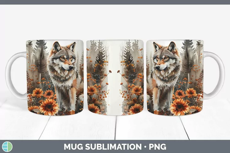 Autumn Sunflowers Wolf Mug Wrap Sublimation Coffee Cup Desig