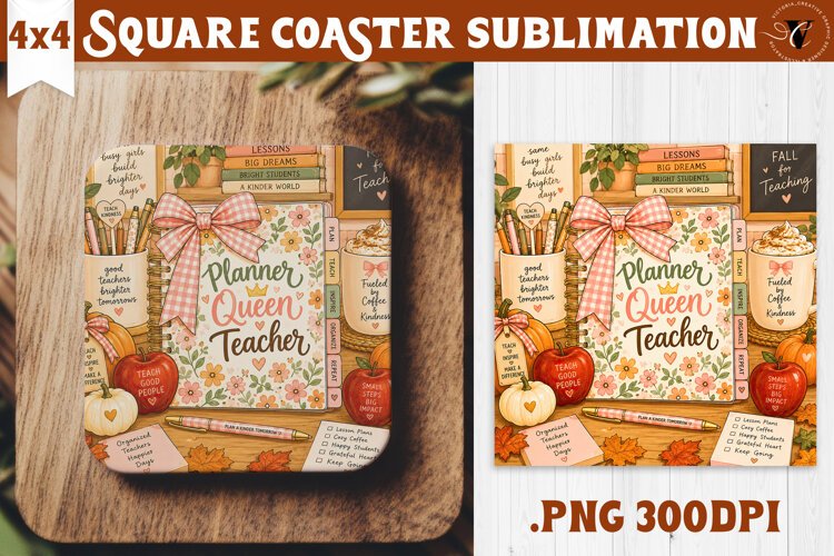 Fall Teacher Square Coaster | Autumn Teacher Gift Classroom example image 1