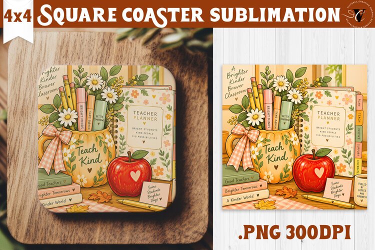 Fall Teacher Square Coaster | Autumn Teacher Gift Classroom example image 1