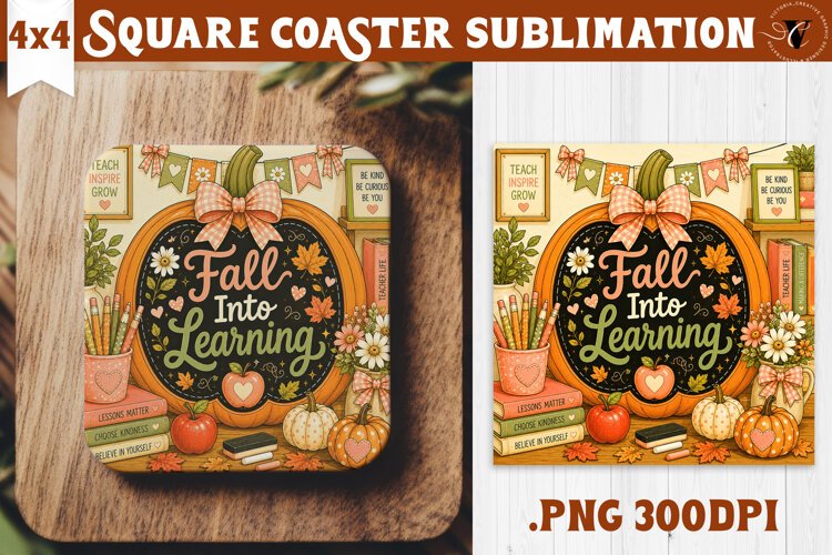 Fall Teacher Square Coaster | Autumn Teacher Gift Classroom example image 1