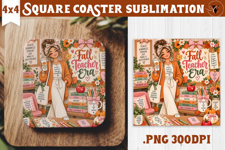 Fall Teacher Square Coaster | Autumn Teacher Gift Classroom