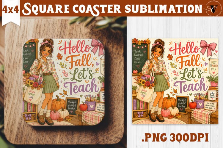 Fall Teacher Square Coaster | Autumn Teacher Gift Classroom example image 1