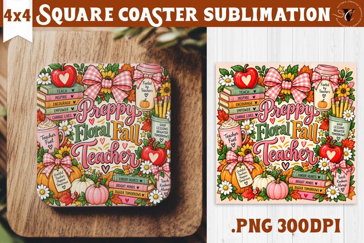 Fall Teacher Square Coaster | Autumn Teacher Gift Classroom example image 1
