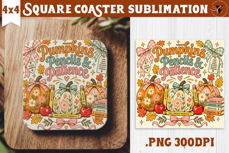 Fall Teacher Square Coaster | Autumn Teacher Gift Classroom example image 1