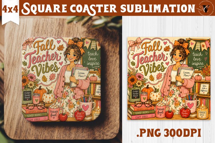 Fall Teacher Square Coaster | Autumn Teacher Gift Classroom example image 1