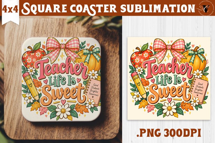 Fall Teacher Square Coaster | Autumn Teacher Gift Classroom example image 1