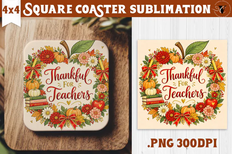 Fall Teacher Square Coaster | Autumn Teacher Gift Classroom