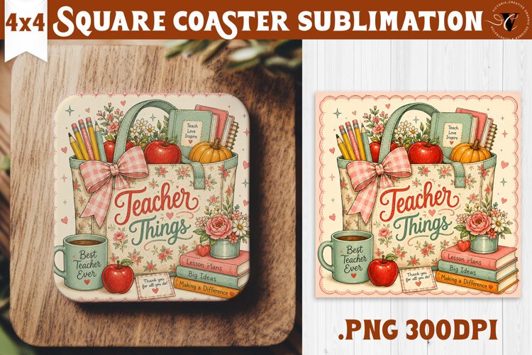 Fall Teacher Square Coaster | Autumn Teacher Gift Classroom example image 1