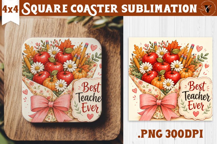Fall Teacher Square Coaster | Autumn Teacher Gift Classroom example image 1