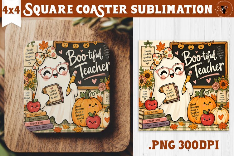 Fall Teacher Square Coaster | Autumn Teacher Gift Classroom example image 1