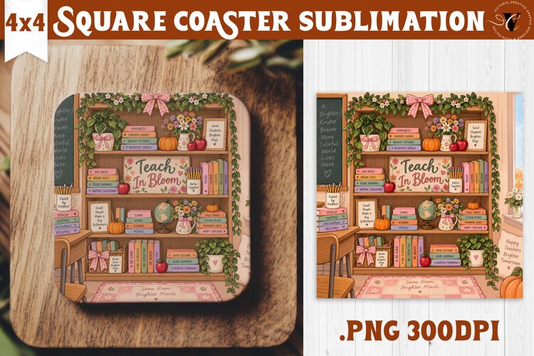 Fall Teacher Square Coaster | Autumn Teacher Gift Classroom example image 1