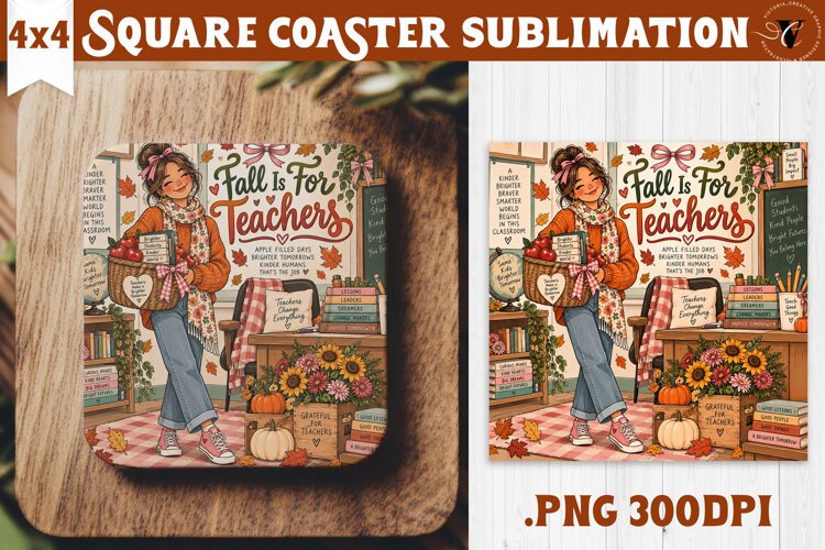 Fall Teacher Square Coaster | Autumn Teacher Gift Classroom example image 1