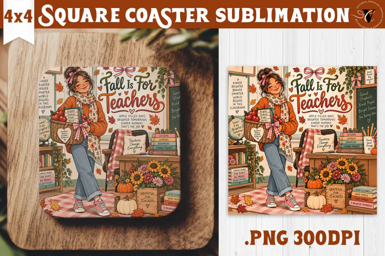 Fall Teacher Square Coaster | Autumn Teacher Gift Classroom