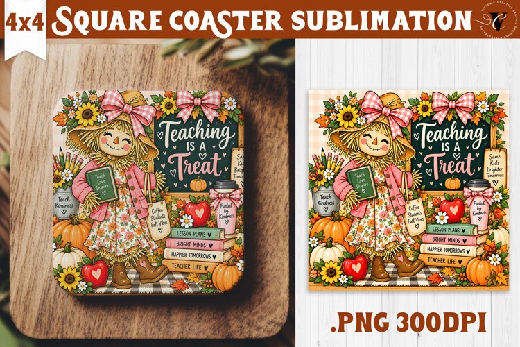 Fall Teacher Square Coaster | Autumn Teacher Gift Classroom example image 1