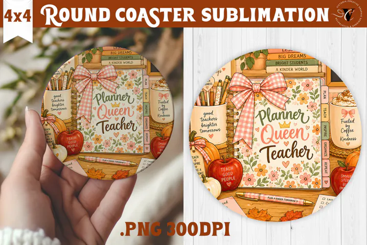 Fall Teacher Round Coaster | Autumn Teacher Gift sublimation